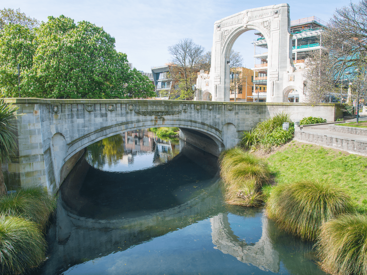 New Zealand Bridge of Remembrance spanning the Avon River in central Christchurch, New Zealand.