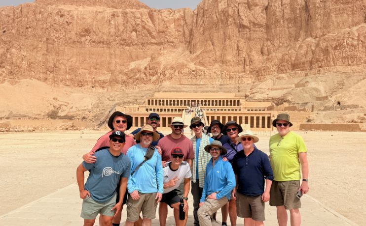 Gay group in front of Queen queen hatshepsut temple - gay tour Egypt - Pivot Trip